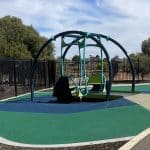 We-Go-Swing inclusive wheelchair accessible swing with denim blue support frame