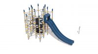 tall net tower structure with blue double slide and circular rubber mats leading up through the centre of the tower